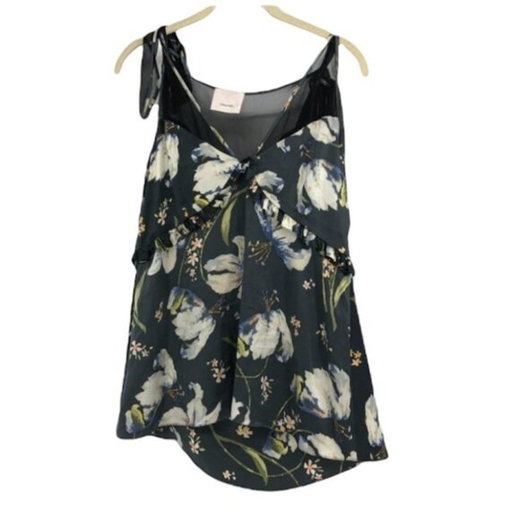 Cinq a sept (5 a 7) floral lily print black satin mesh  panel tie shoulders - Picture 1 of 13